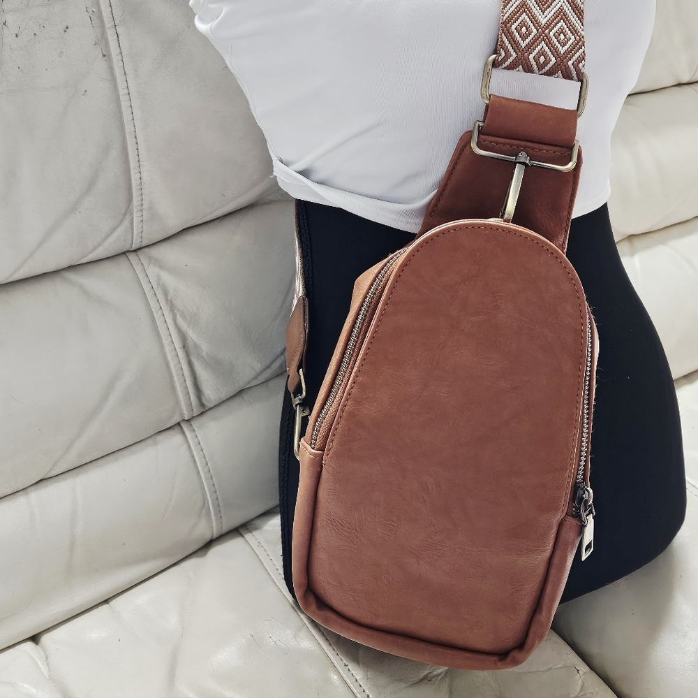 Brown  Vegan Leather PU Small Sling Bag Fashion Chest Bag Adjustable Strap